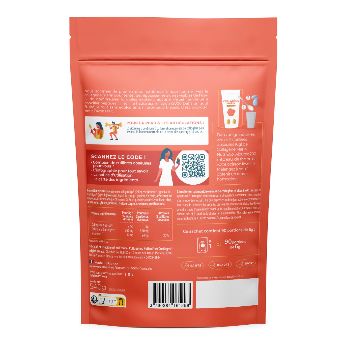 NUTRI & CO Collagene Marin Poudre Types 1, 2, 3 + Vitamine C, Breveté Naticol® & Cartydiss®, Peptides Hydrolysés 2000 DA, Format 90jrs 540g, Goût Pêche, Fabriqué en France
