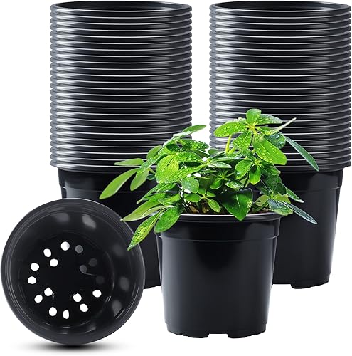 Paquete variado de 50 macetas de plástico para plantas, macetas de plántulas de 5 pulgadas con agujeros de drenaje, macetas para interiores y