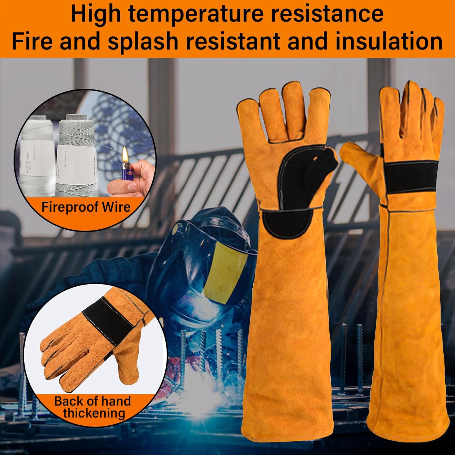 2 Pack 23.6Inch Animal Handing Gloves Bite Proof(Black&Yellow) Leather Welding Gloves,Multipurpose Puncture Proof Gloves,Puncture and Scratch Resistant for Dog Training,Cat Scratch,Falcon