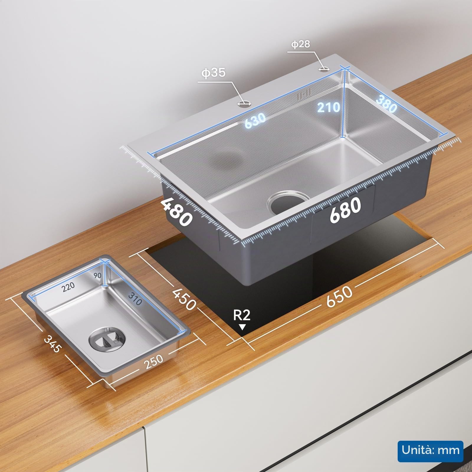 CECIPA 68 x 48 cm Lavello Cucina Acciaio Inox 304, Lavandino Cucina 1 Vasca | Lavello con Dispenser Sapone e Vasca Mobile, per Mobile di lunghezza 70cm, con Sifone e Scarico