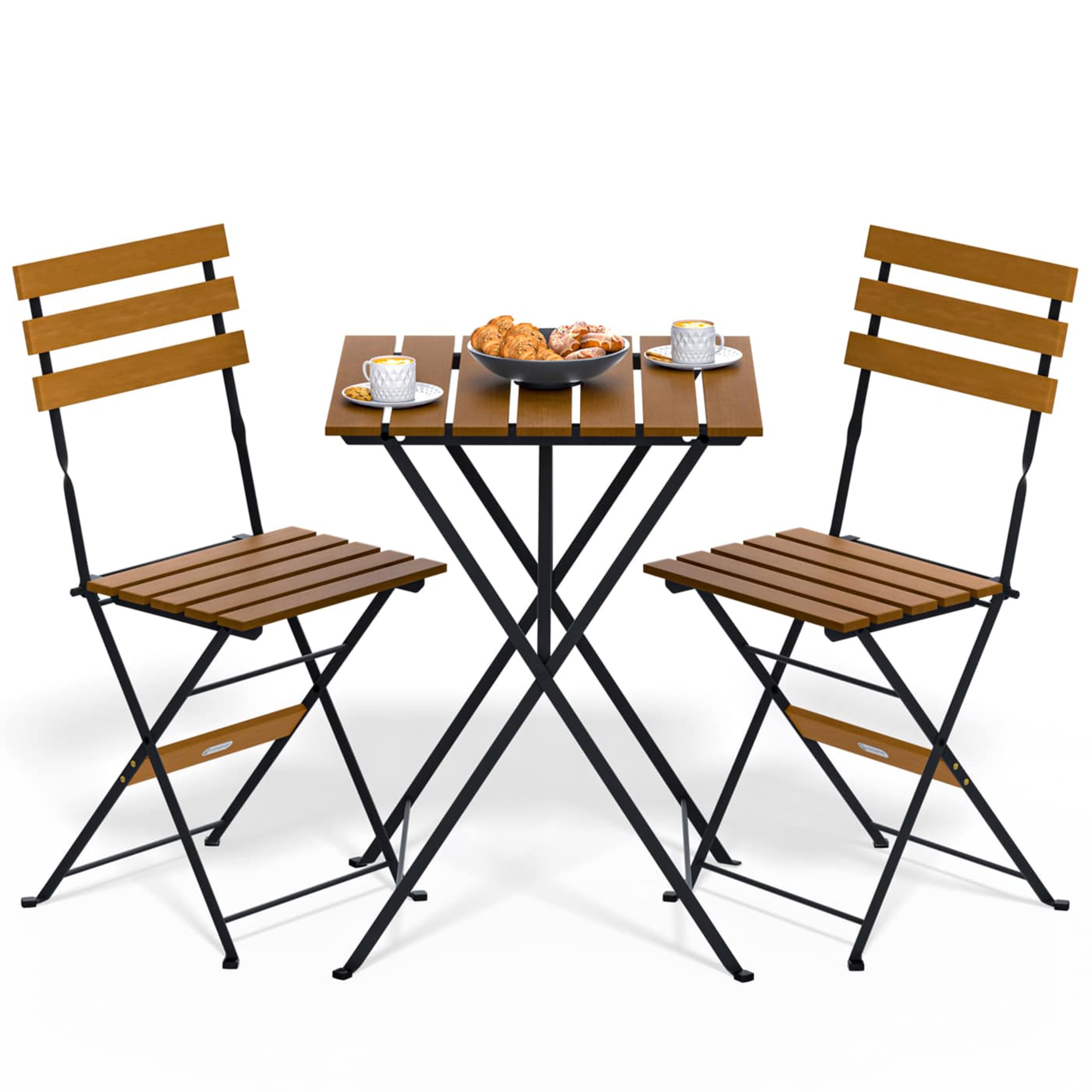 CASARIA® Set Muebles de Balcón 3 Pzs Mesa 2 Sillas Jardín Plegables Completo Metal Madera Acacia Certif FSC®