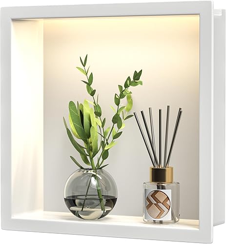 Miniatura 14 de Hornacina de acero inoxidable con iluminación LED, impermeable, no necesita azulejos, repisa empotrada para baño, instalación sobre montaje, 24 x 12