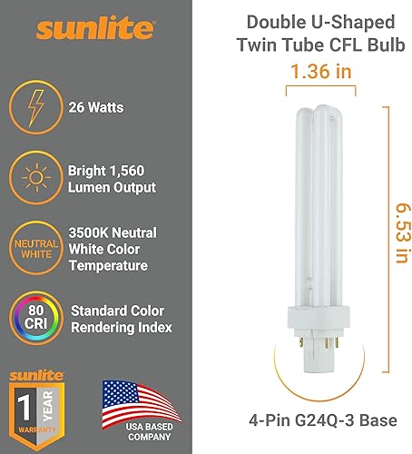 Miniatura 2 de Sunlite PLD26ESP27K10PK 2700K blanco cálido fluorescente 26W PLD doble en forma de U doble tubo CFL bombillas con base G24Q-3 de 4 pines (paquete de
