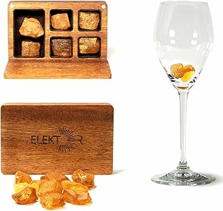 Natural Healing Crystals: Baltic Amber Stones for Water & Wine, 6-Piece Raw Amber Rocks Set in Handmade Wooden Gift Box, Reusable Crystals and Healing Stones for Drinking Water Infusion