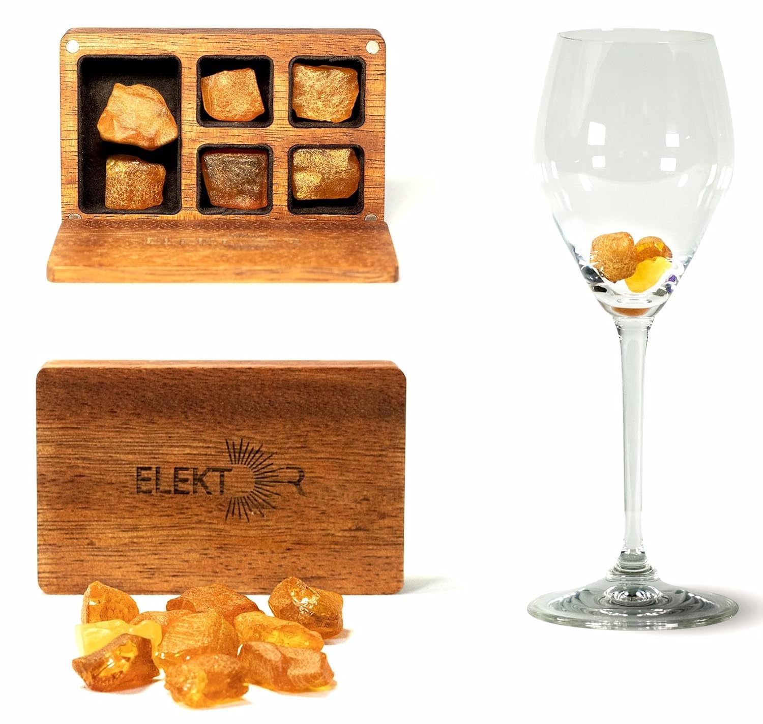 Natural Healing Crystals: Baltic Amber Stones for Water & Wine, 6-Piece Raw Amber Rocks Set in Handmade Wooden Gift Box, Reusable Crystals and Healing Stones for Drinking Water...