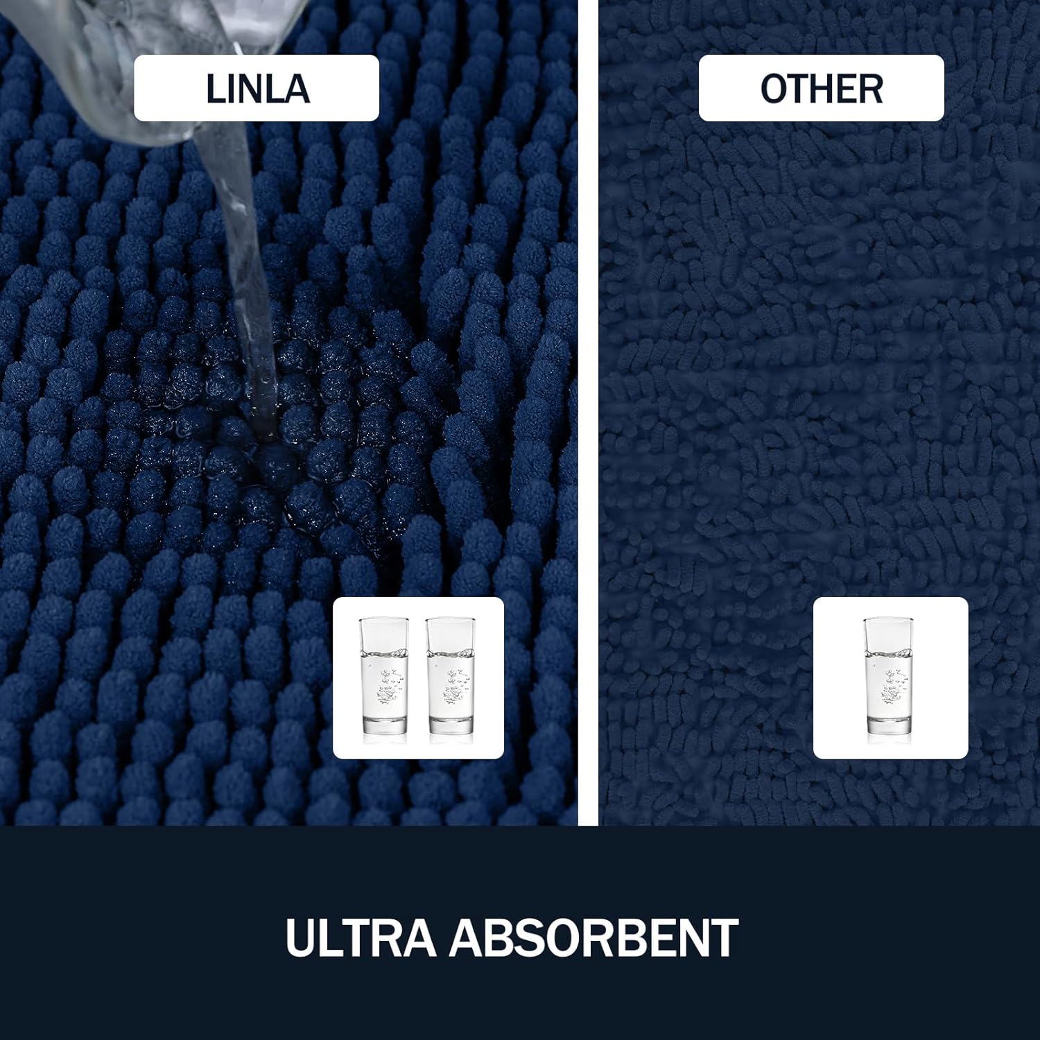 LINLA 3 Pieces Bathroom Rug Set, Absorbent Non Slip Chenille Bath mat, Thick Plush Chenille Carpet Mats Set,Washable Dry Quickly with U-Shaped Toilet Mat for Tub, Shower（Navy Blue）