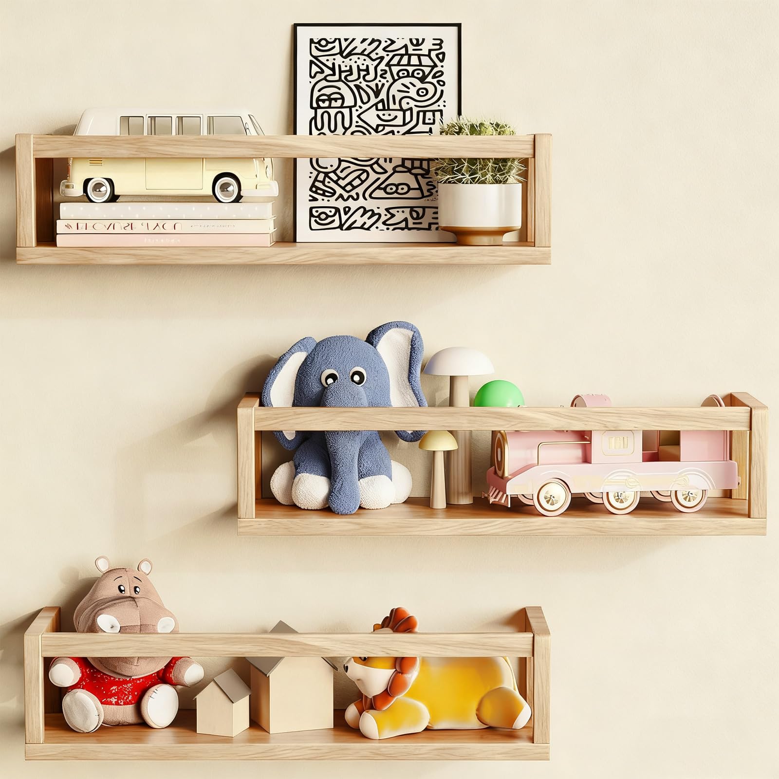 Yibang Nursery Book Shelves - 16.8 In Floating Book Shelves for Wall Set of 3, Baby Nursery Decor Solid Wood Wall Mounted Shelves for Children's Room Bedroom Bathroom Kitchen Playroom and More (Wood)