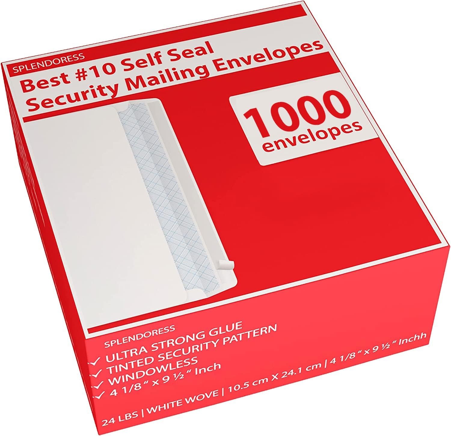 Splendoress 1000#10 Self Seal Security Mailing Envelopes - Business White Tinted Peel and Seal - Pack Windowless, Letter Size Regular Plain Envelopes - 4-1/8 x 9-1/2 Inches - 24 LB