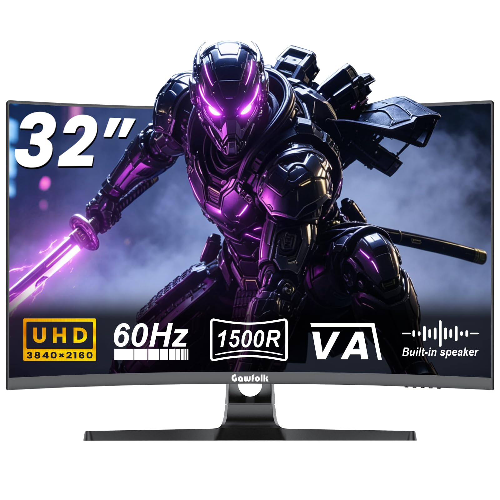 Gawfolk Monitor Curvo 32 Pollici 4K UHD (3840 x 2160), Pannello VA, 1500R, 60Hz Monitor PC con altoparlanti integrati, compatibile FreeSync e G‑Sync, 2× HDMI 2.0, 2× DP 1.4, VESA 100×100