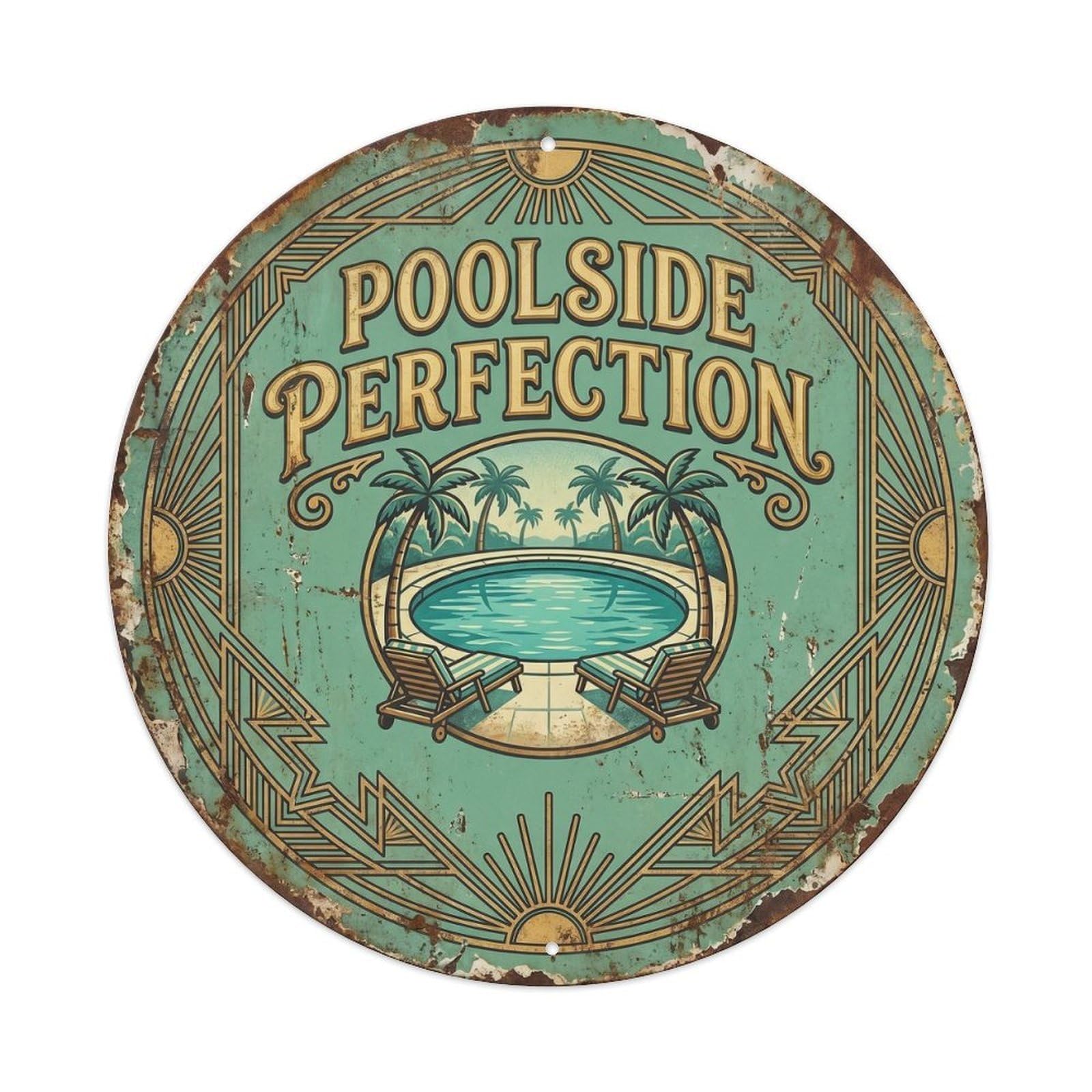 Poolside Perfection Paradise Retro Pool Escape Coastal Metal Tin Sign Plaque Wall Decor for Cafe, Man Cave, Club Bar, Office, Home Garden Round Metal Poster 8x8Inch