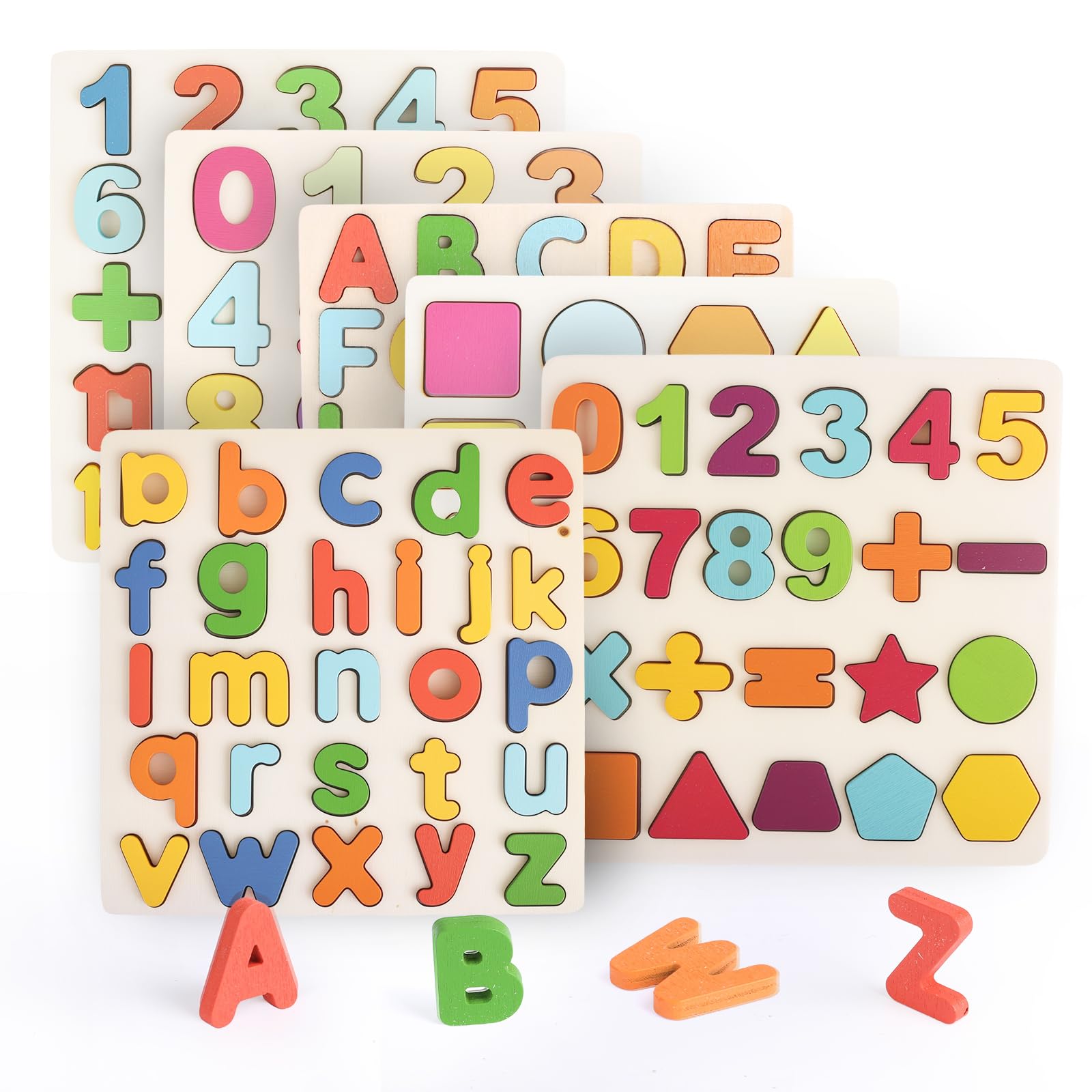 6 Pcs Alphabet Puzzle for Kids, Wooden Puzzles Learning Toys, ABC Letters & Numbers & Shapes Jigsaw Blocks, Jigsaw Puzzles for Boys Girls