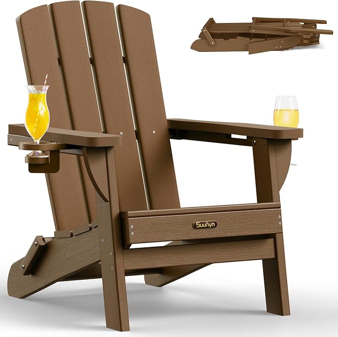 Folding Adirondack Chair 2 Pack, HDPE All-Weather Fire Pit Chairs, Plastic Adirondack Chairs with 2 Cup Holder, Outdoor Lawn Chair for Patio Garden (Black)