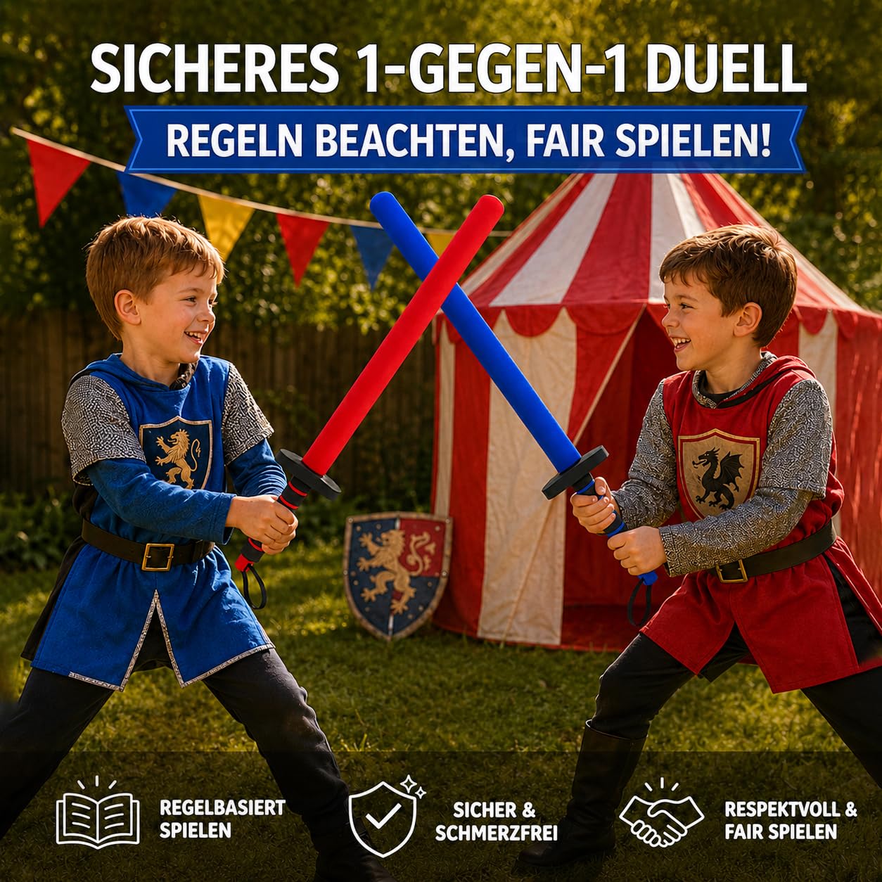 Schaumstoffschläger Kinder 2er Set (Rot/Blau) | Pädagogisches Fechtspiel & Soft-Schwert für Aggressionsabbau | Sportgerät für Motorik & Bewegung inkl. Tasche | Funsport Schaumstoffschwert