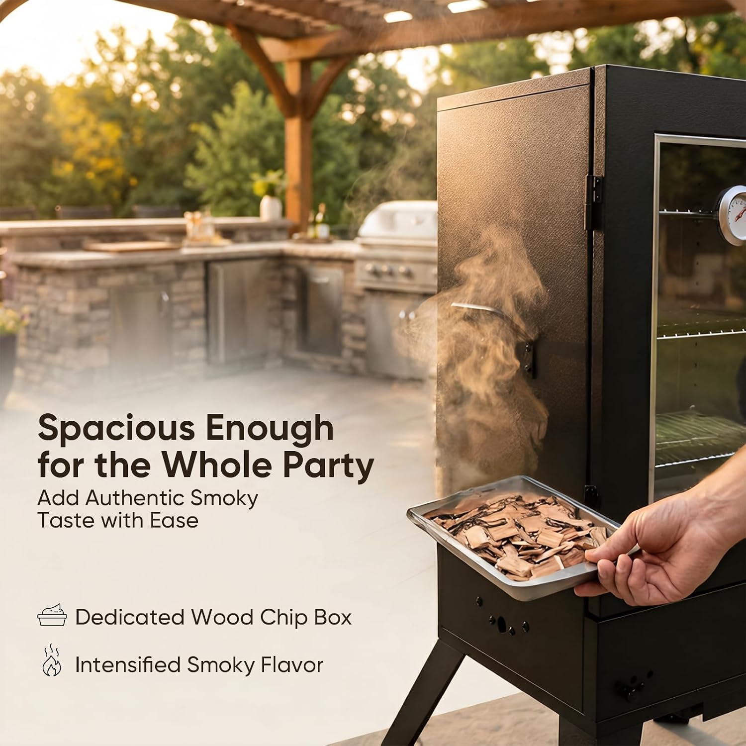TABU 30-inch Electric Vertical BBQ Smoker with Thermometer & Clear Viewing Window, Large Meat Smoker with Water& Wood Trays, Elevated Stand for Outdoor Backyard, Black