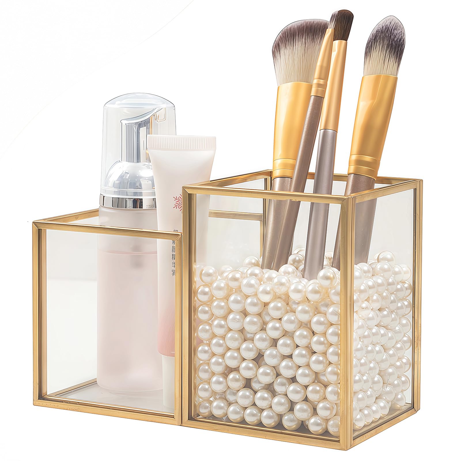 HARLIANGXY Porta Pennelli Make Up in Vetro Trasparente, Porta Pennelli da Trucco, Organizzatore per Cosmetici Oro, Organizer Pennelli Trucco, per pennelli, Eyeliner, Matite e Mascara