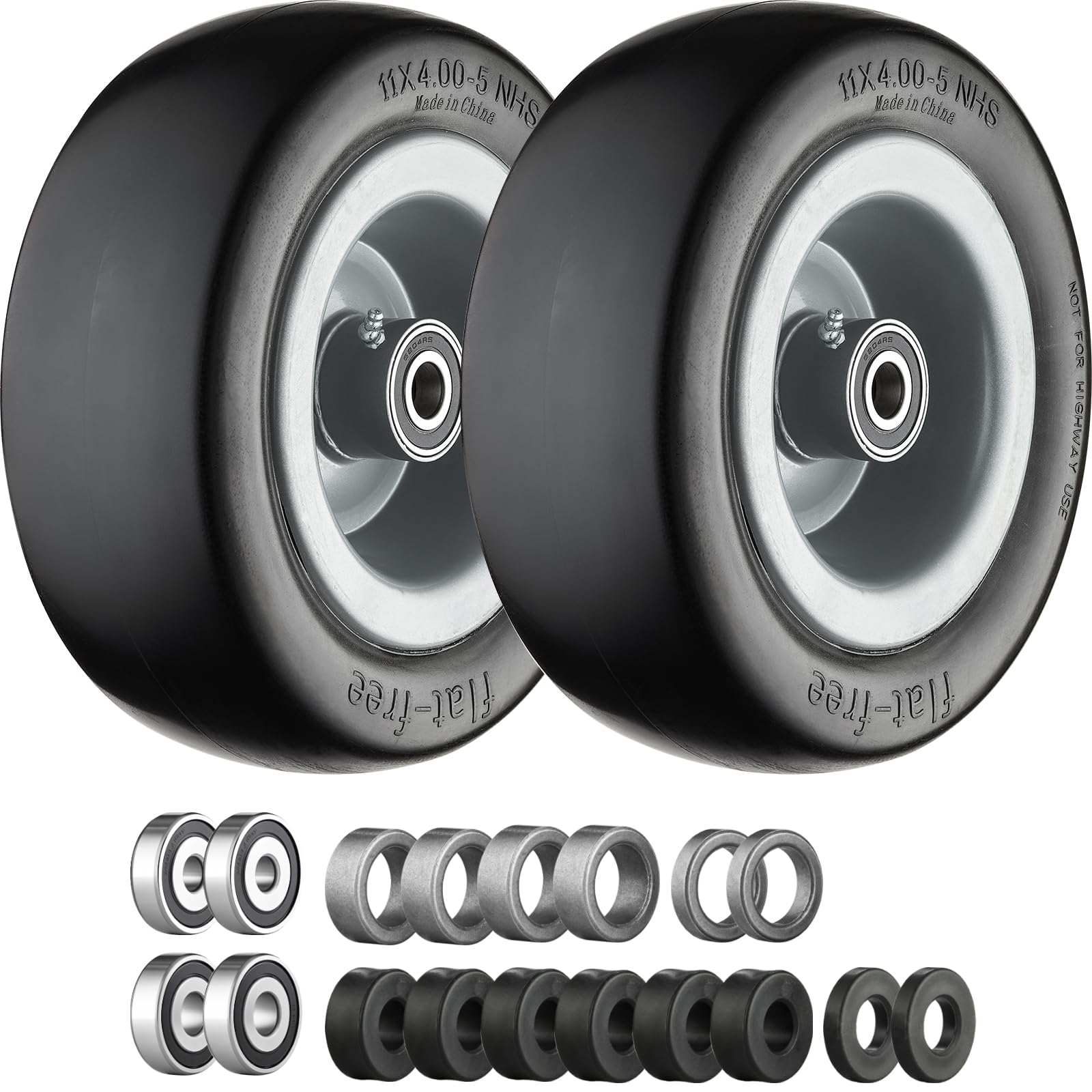 11x4.00-5 Lawn Mower Tires Flat Free Gray Rim -2Pack