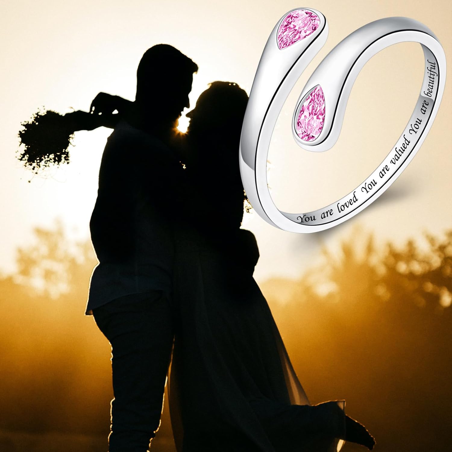 Thumb Rings for Women - 925 Sterling Silver Birthstone Open Teardrop Encouragement Adjustable Ring Women Gifts for Teens Mom Birthday Mother's Day St Patricks Day - Image 2