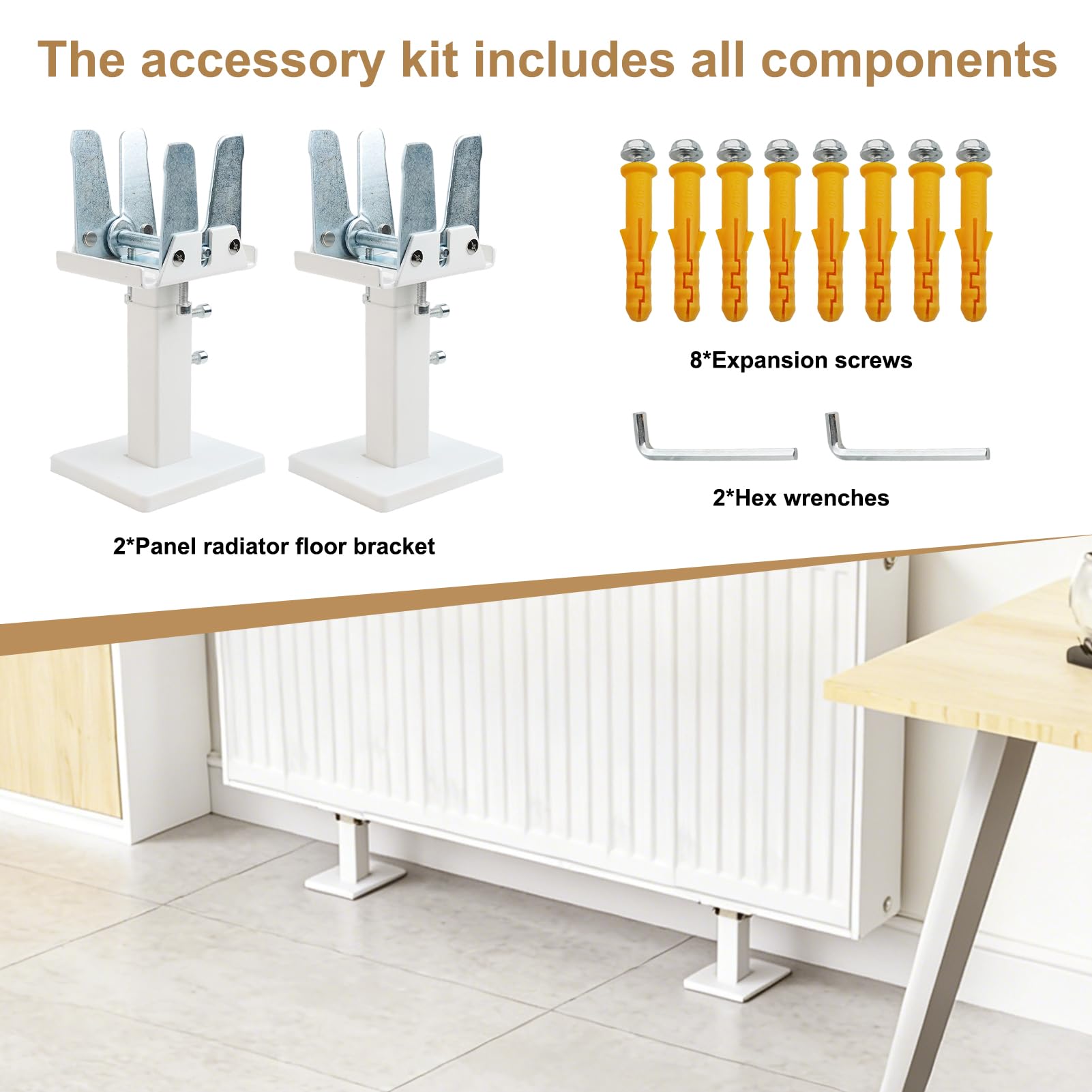 Kit de pieds de radiateur à montage au sol, supports de radiateur réglables en acier, kit de pieds de montage au sol, blanc + argent