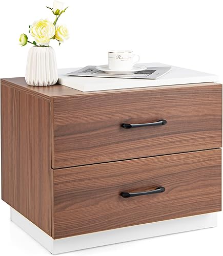 Miniatura 10 de GOFLAME Juego de 2 mesitas de noche mesita de noche Accent con 2 cajones mesa auxiliar moderna para dormitorio con grano de madera natural mesa