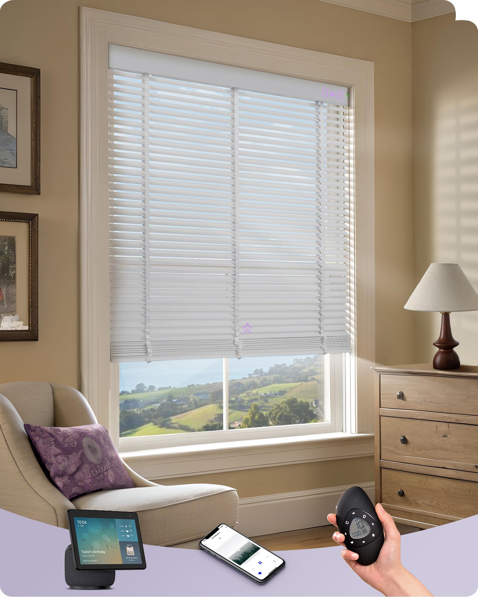 Graywind Motorized Solid Wood Blinds 90% Blackout Smart Electric Horizontal Blind Remote Rechargeable for Smart Home Office, Custom Size (Basswood