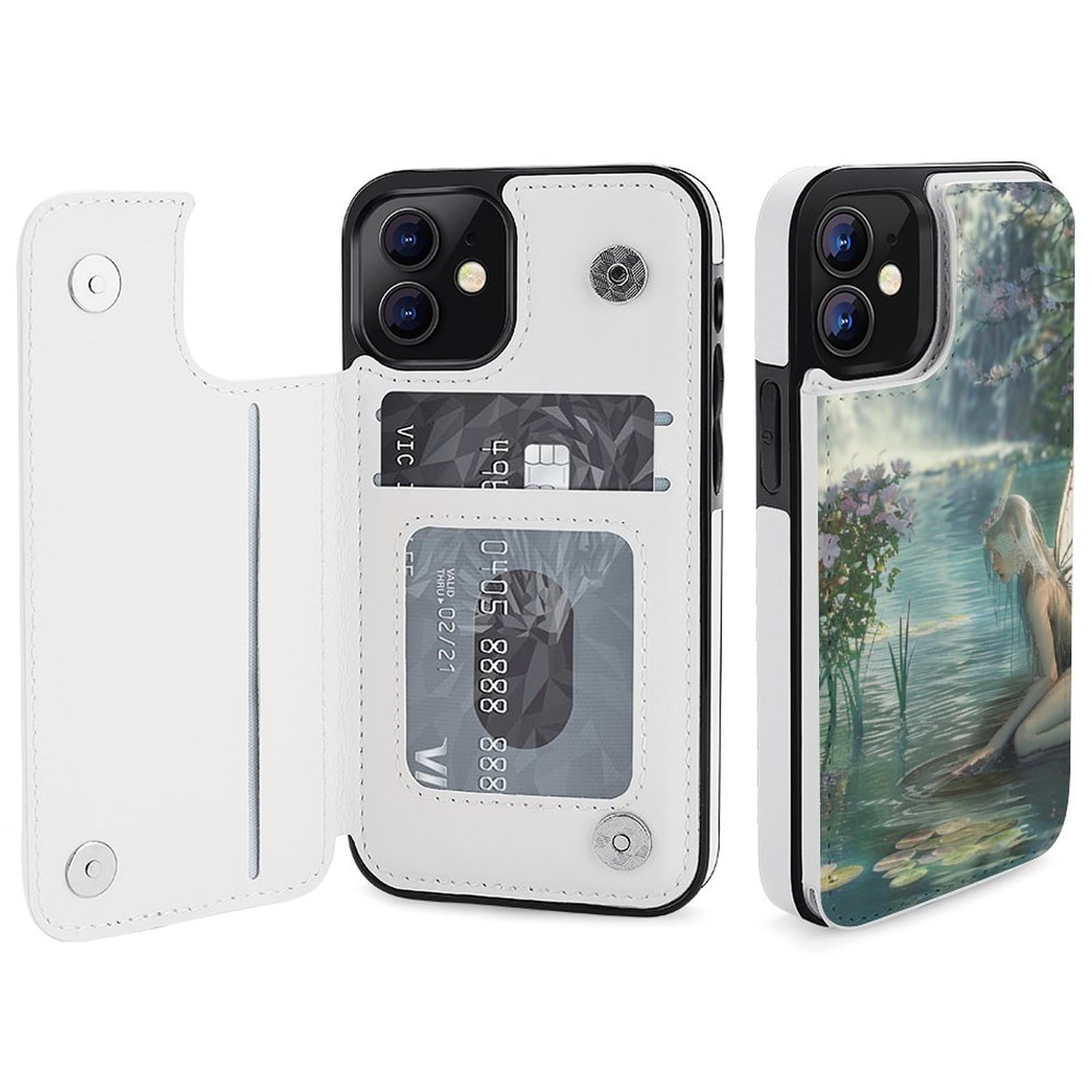 Funda tipo cartera para iPhone 12 Mini, diseño de hadas del lago con estampado artístico de hadas, funda de piel con ranuras para tarjetas