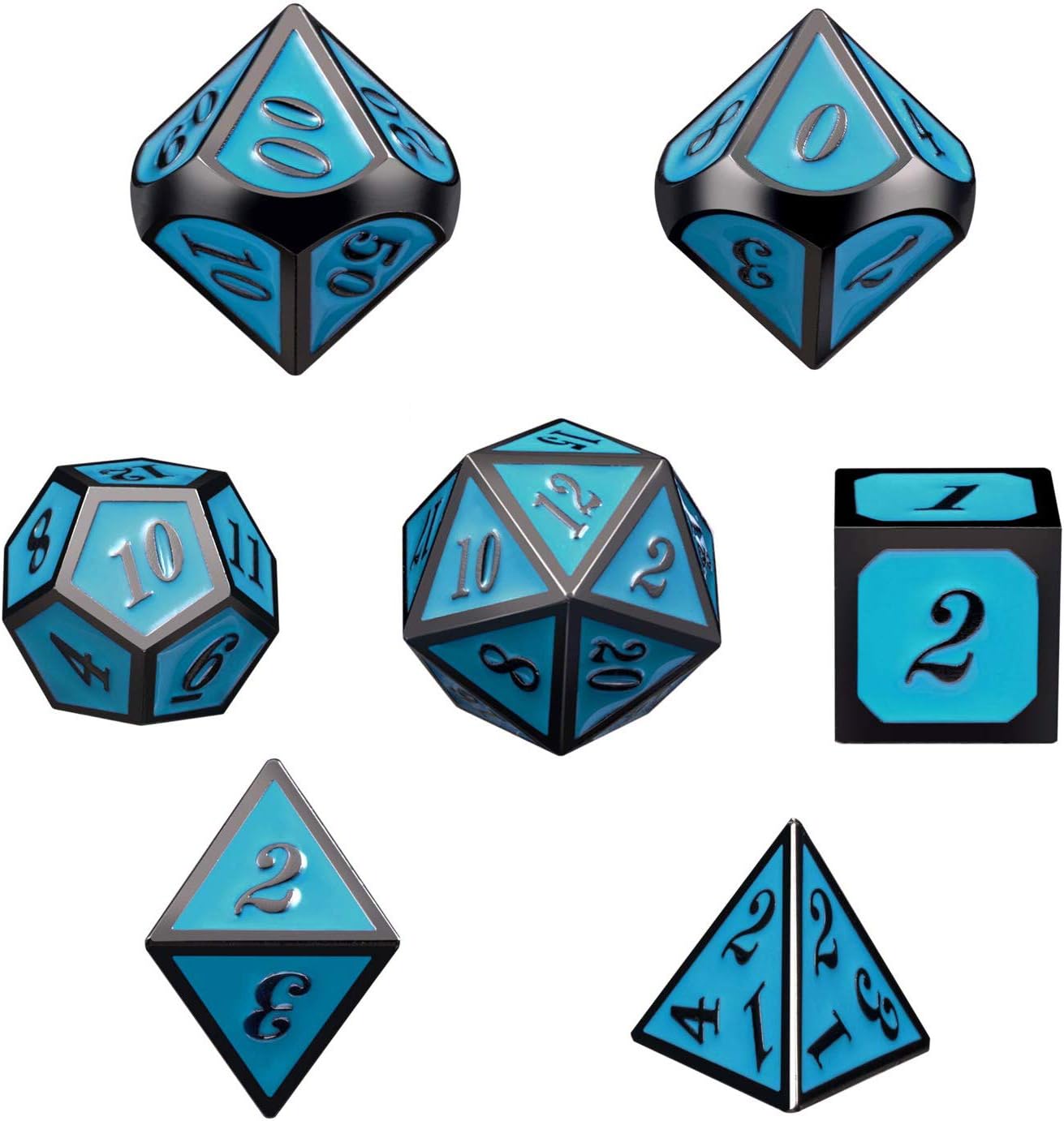 Set of 7 Metal Dice Set with Storage Box - Turquoise with Gunmetal Numbers - Includes D4, D6, D8, D10, D12, D20 and D% by SciencePurchase