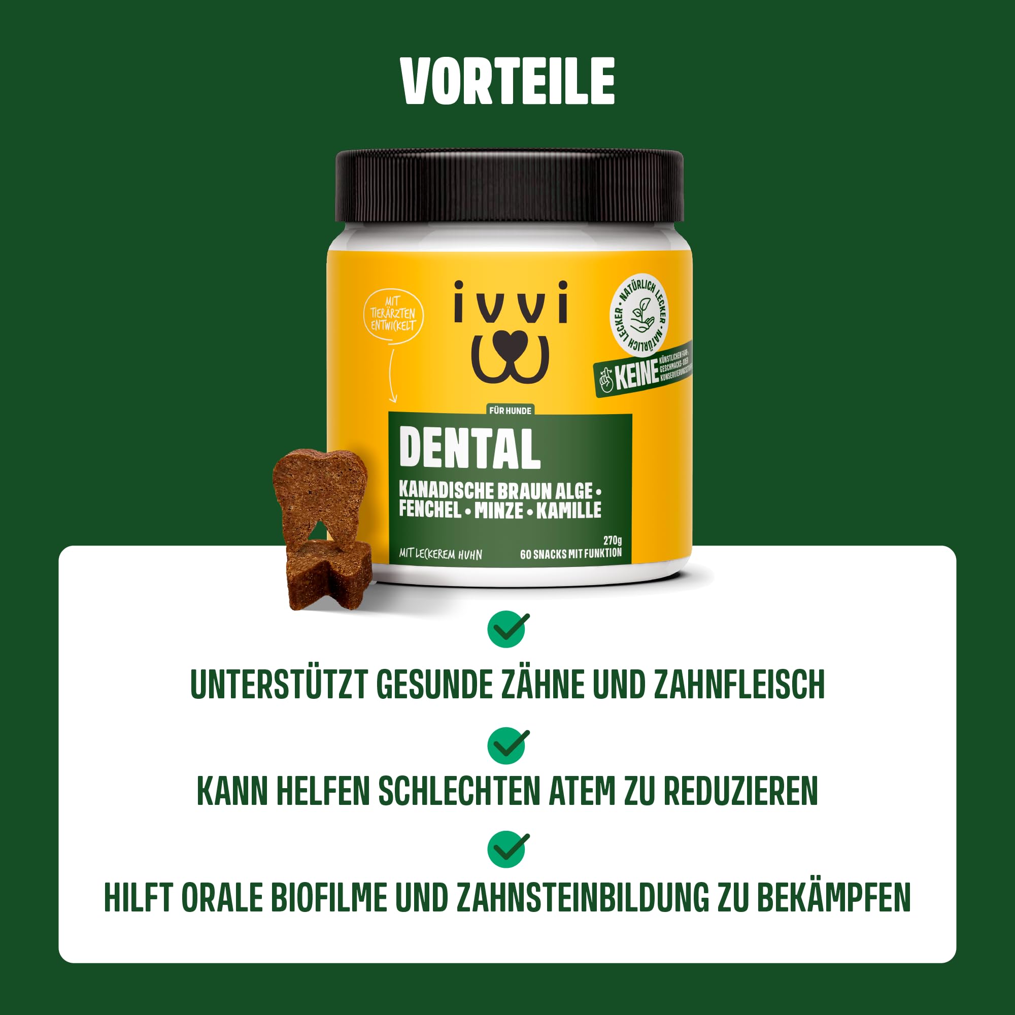 ivvi Dental - Zahnhygiene-Snacks für Hunde. Zahnpflege für gesunde Zähne und Zahnfleisch, hilft bei Zahnbelag und schlechtem Atem, Mundgeruch - 60 Snacks (270g) mit Huhn.