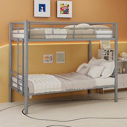 Miniatura 54 de GNIXUU Literas de tamaño individual sobre matrimonial, marco de literas bajas de metal resistente con barandilla de seguridad y escalera para