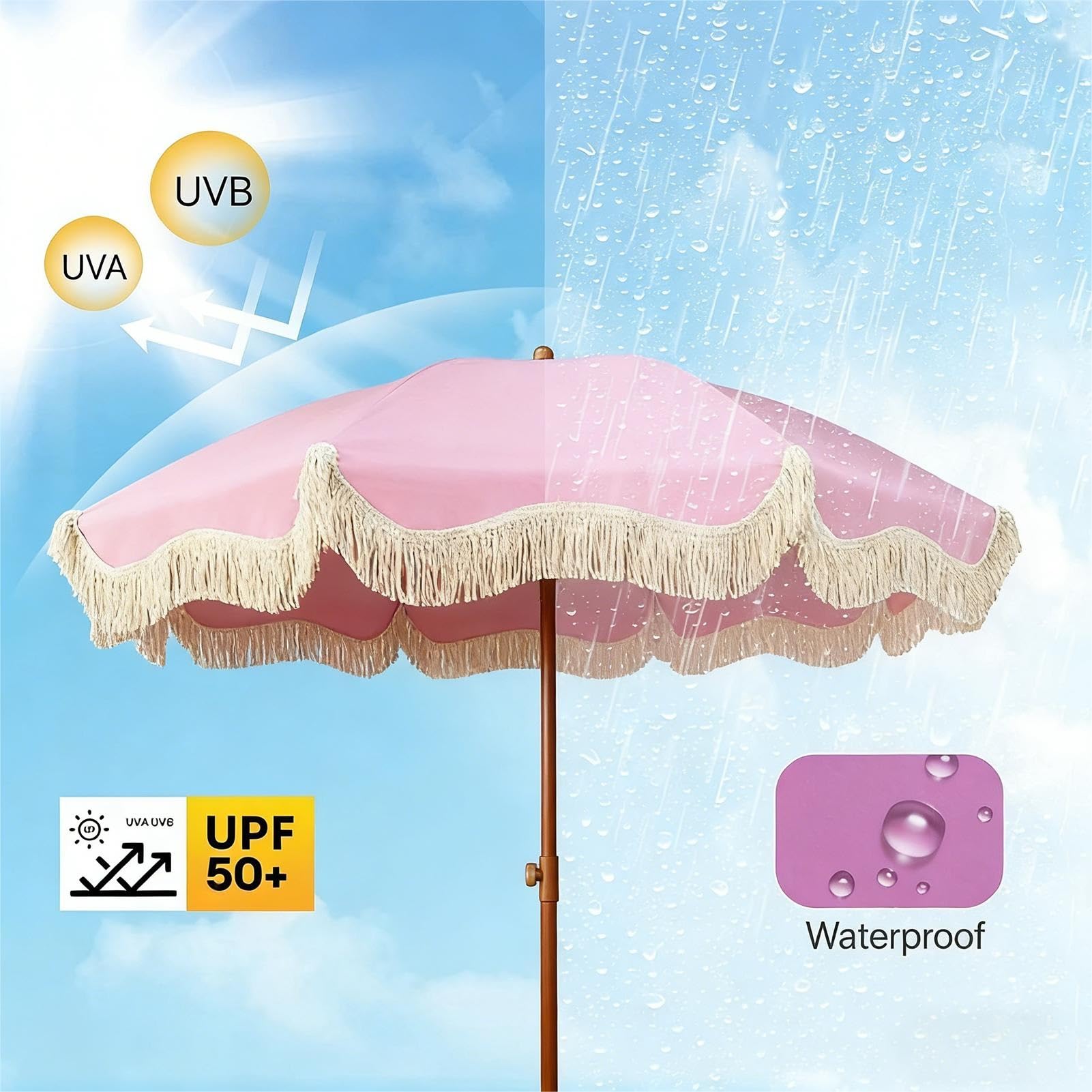 Parasol Ogrodowy Boho 200 cm z Frędzlami, Parasol Tarasowy z Frędzlami UPF 50+, z Regulacją Nachylenia, Wodoodporny na Taras Plażę