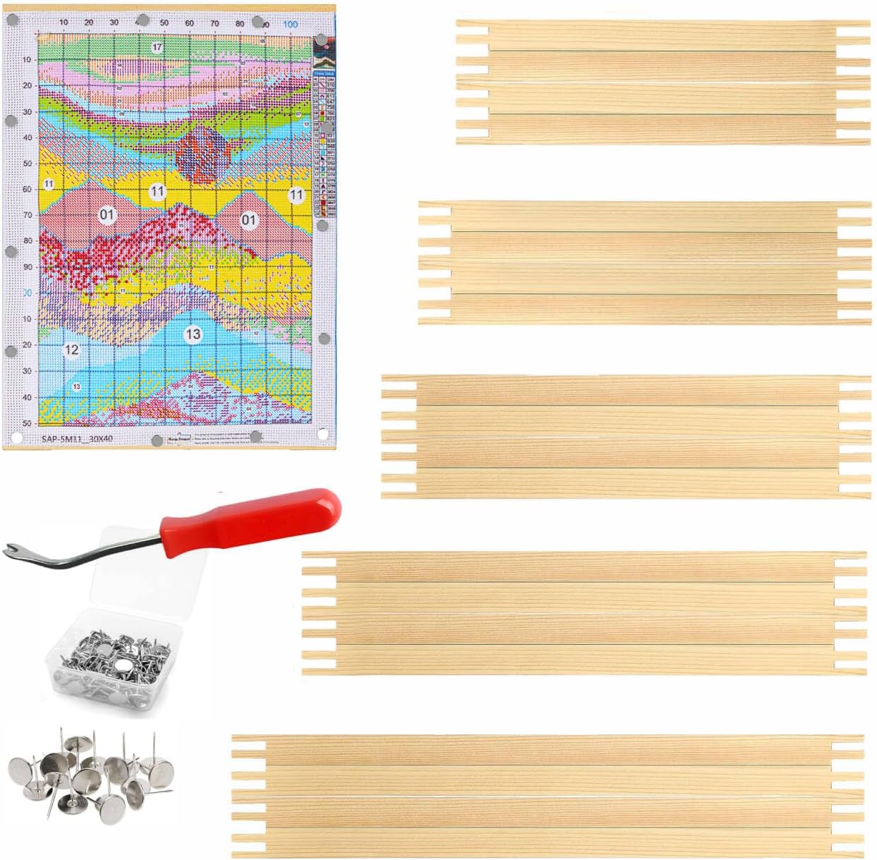 Tonyutech 20 Pcs 5 Sets Stretcher Bars for Needlework 5 Sizes Wooden Canvas Stretcher Bars with 60 Thumb Tacks and Tacks Remover for Needlepoint Embroidery Stitch Frame Set Bundle with Crafts