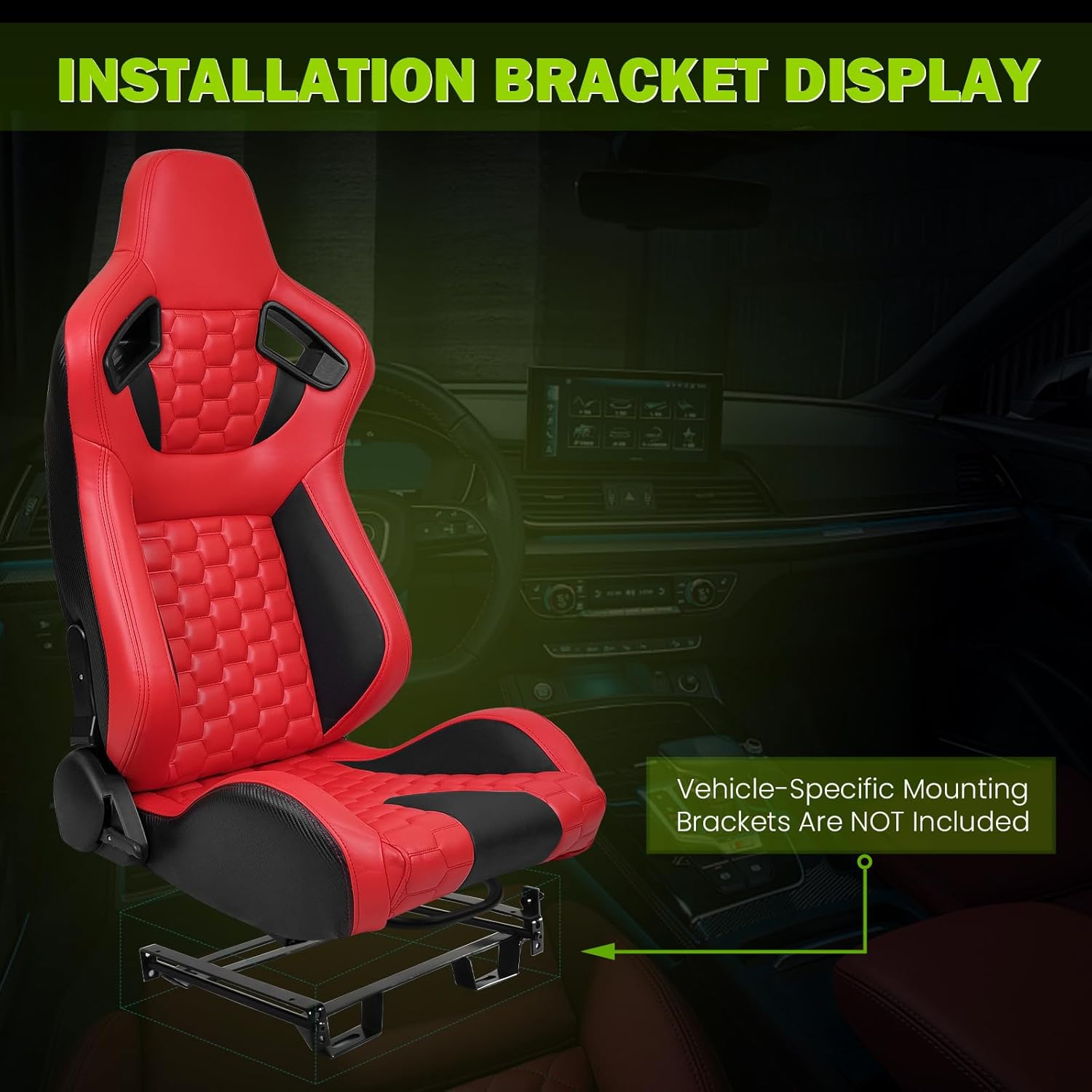 Universal Pairs of Racing Seat with Dual Sliders, PU Leather Front+Carbon Leather Back Reclinable Bucket Seat, Red & Black+Hexagonal Quilting