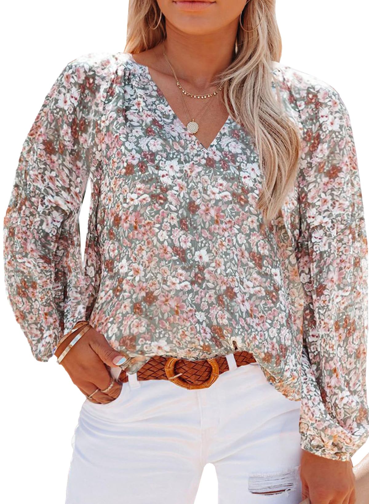 Floral Print V-Neck Long Sleeve Retro Shirt main image 1