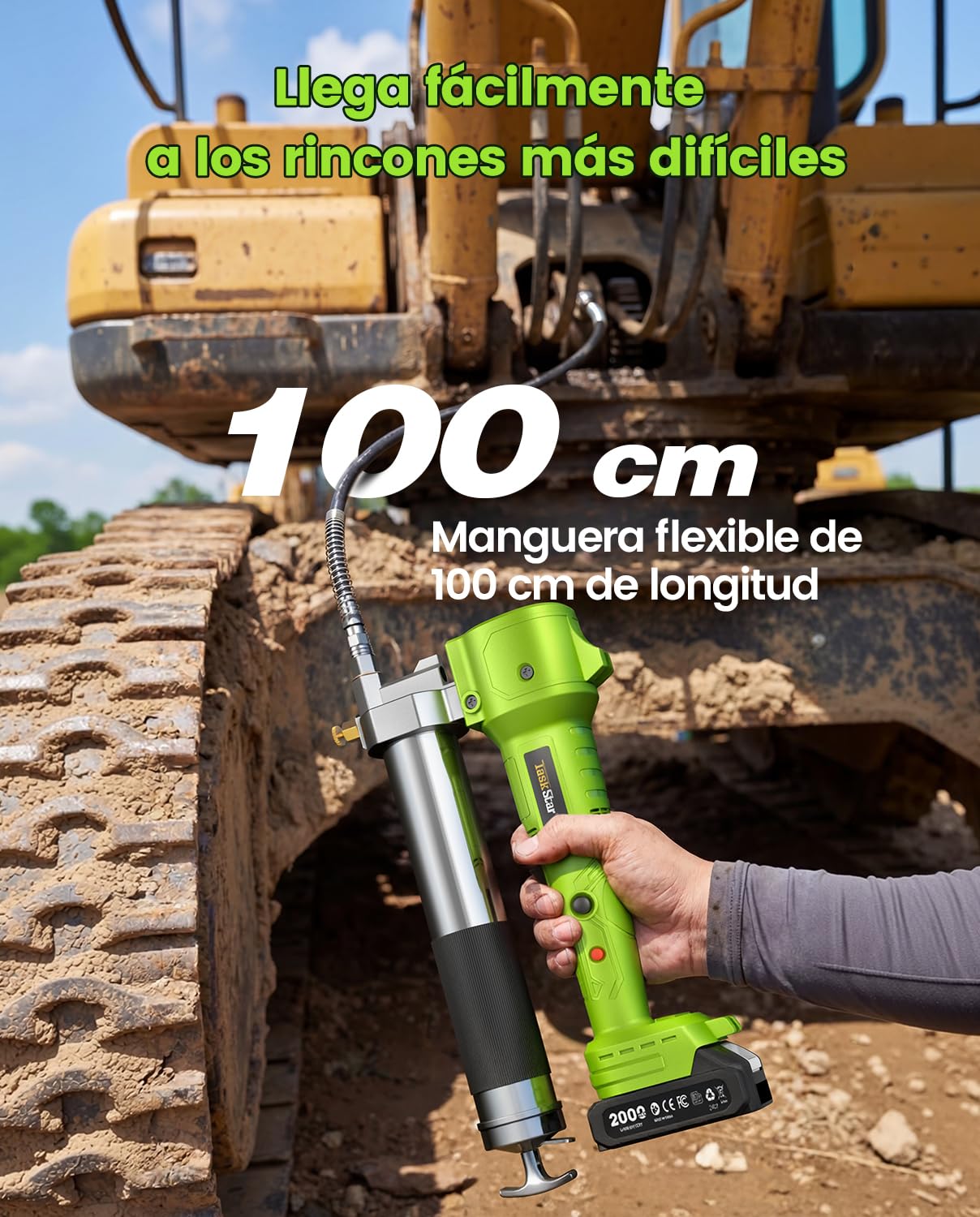TaskStar Engrasadora Batería, [Super Eficiente] Kit de Pistola de Engrasar Eléctrica con 2 Baterías y Cargador, Manguera Flexible de 39,4”, Engrasadora de 10000 PSI con Luz LED Super Brillante, Verde