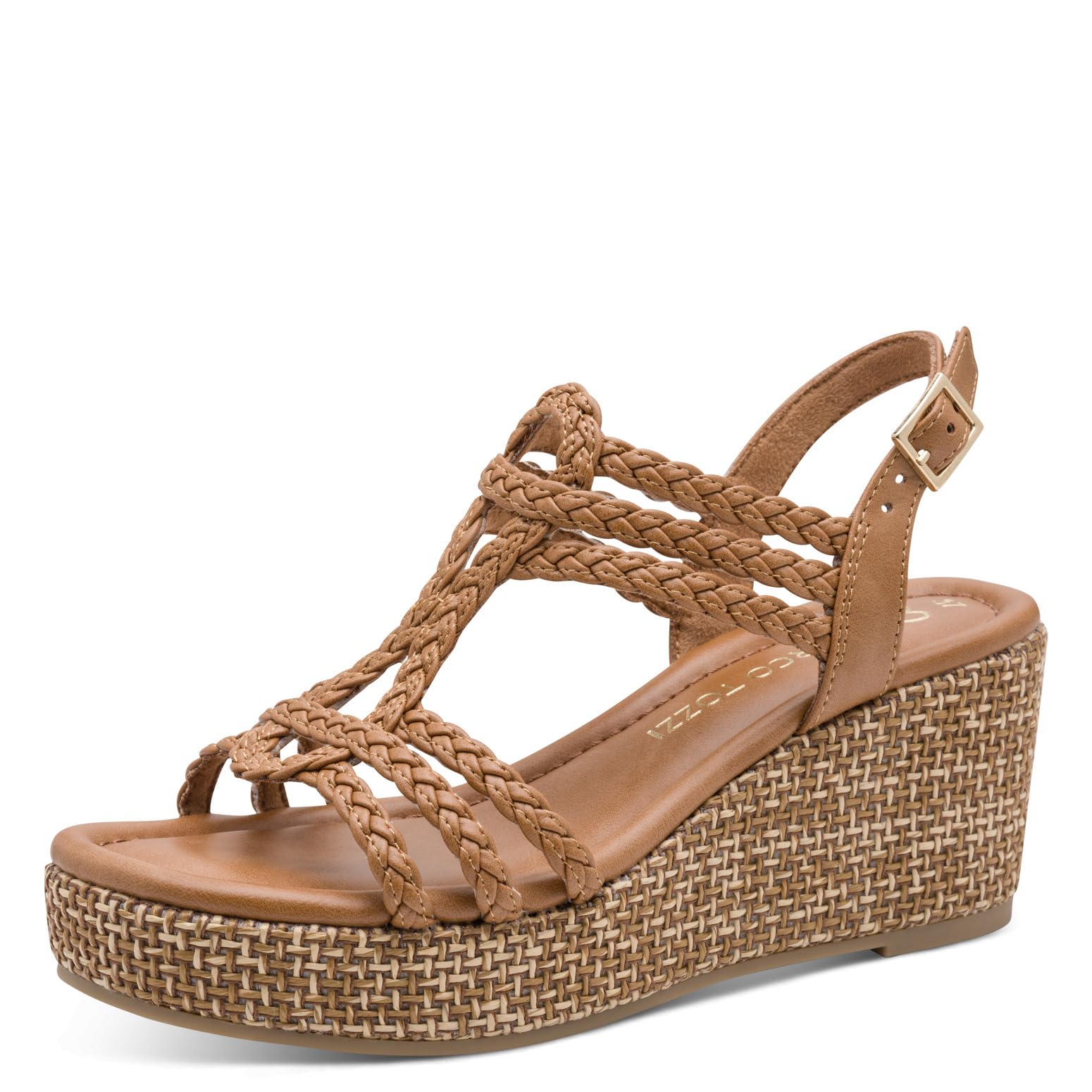 MARCO TOZZI women's wedge sandal soft Feel Me footbed soft lining summery, brown (COGNAC), 7 UK