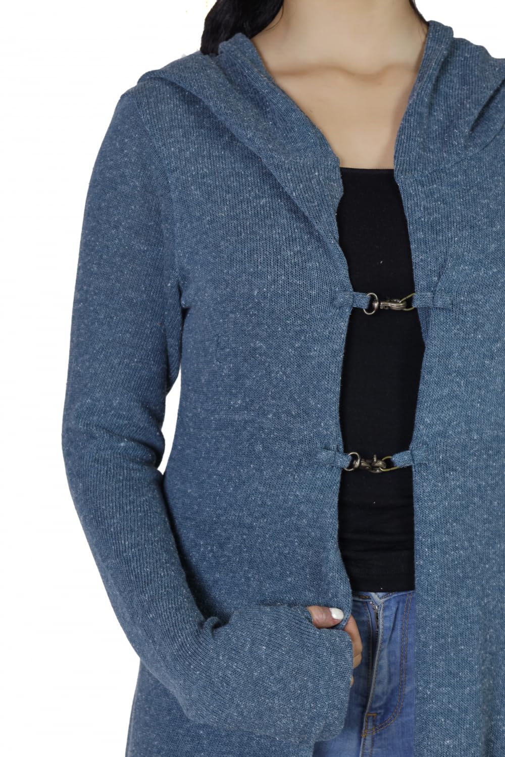 GURU SHOP Lange Strickjacke, Strickmantel mit Kapuze, Damenmode, taubenblau | Legere Passform, Baumwolle, Daumenloch, übergroße Kapuze, angenehm zu tragen