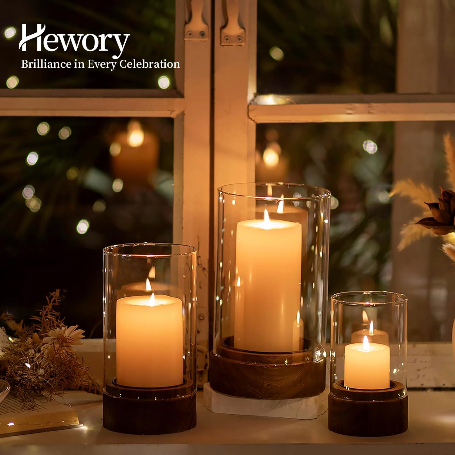 Hewory Hurricane Glass Candle Holder : Set of 3 Rustic Brown Candle Holders for Pillar Candles, Vintage Decorative Wood Stand with Clear Glass for Weddings,Christmas,Table Centerpiece,Home Decor