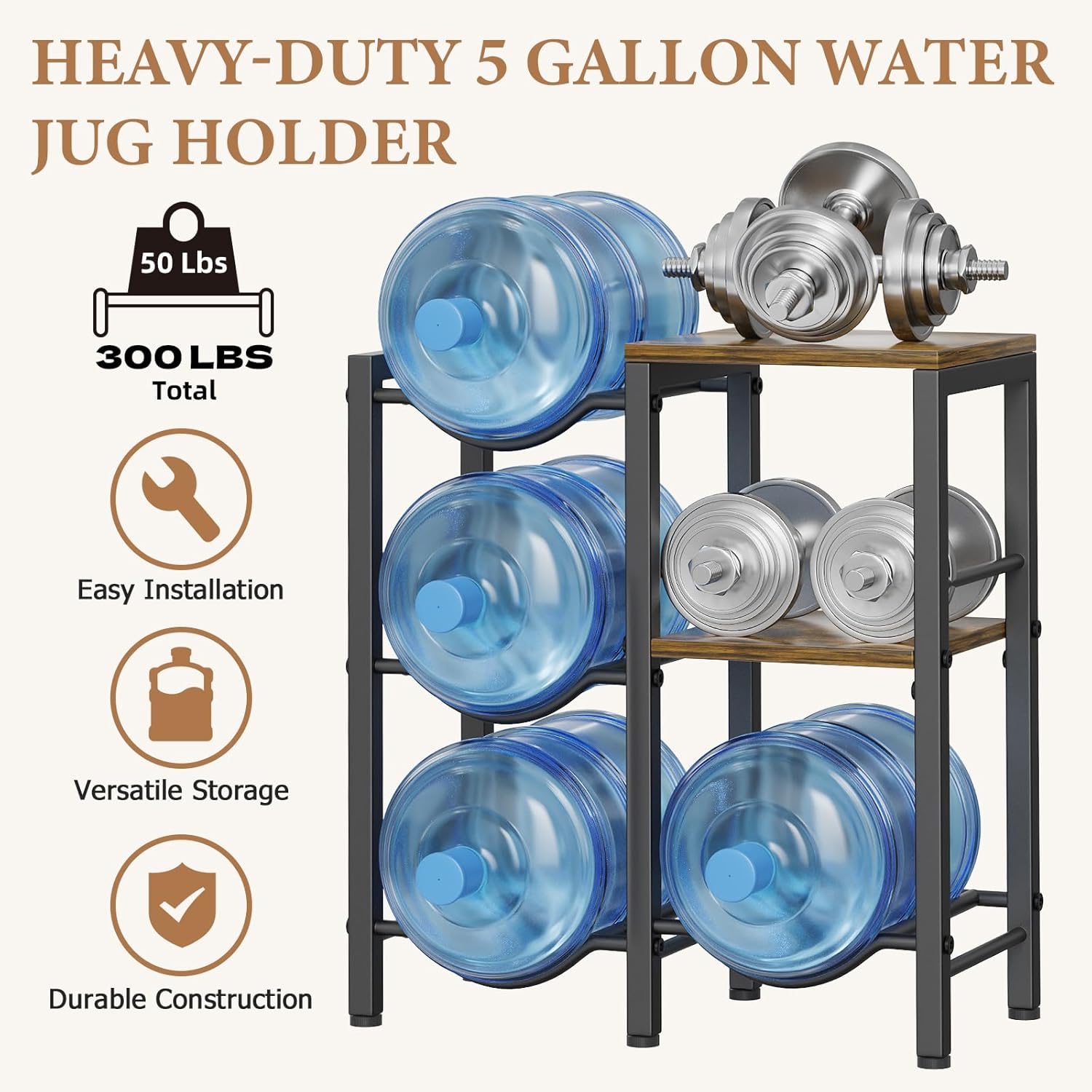 5 Gallon Water Jug Holder, 3-Tier Water Dispenser Stand, Water Bottle Organizer with 2 Wooden Storage Shelve, Heavy Duty Water Jug Stand for 4 Slots with Lifter for Home, Office, Garage