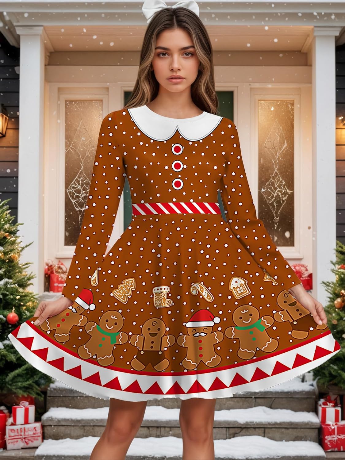 PECHAR Christmas Dresses for Women Casual Swing Christmas Dress Xmas Print Holiday Long Sleeve Dress