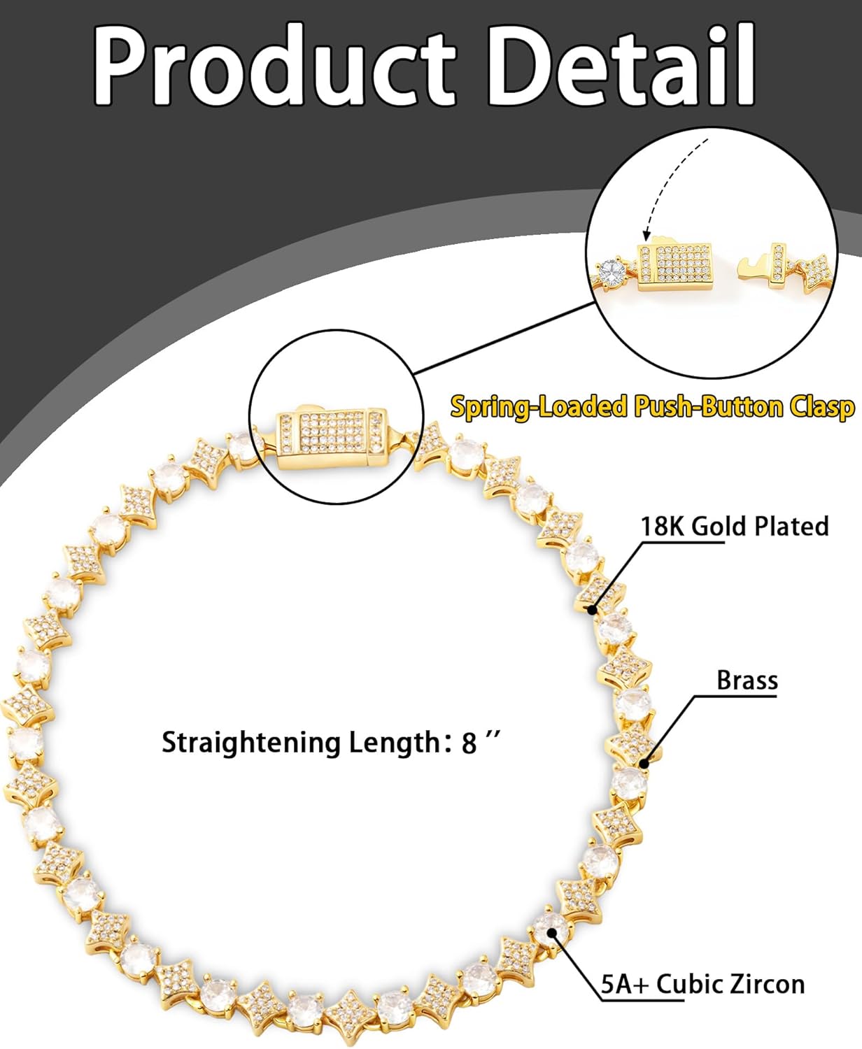 Star Tennis Bracelet for Men Women - 6mm Sparkling Iced Out 18K Gold Plated 5A+ Black/Cubic Zirconia Jewelry - Created Diamond Party Gifts 7.1"-9.1" - Image 6