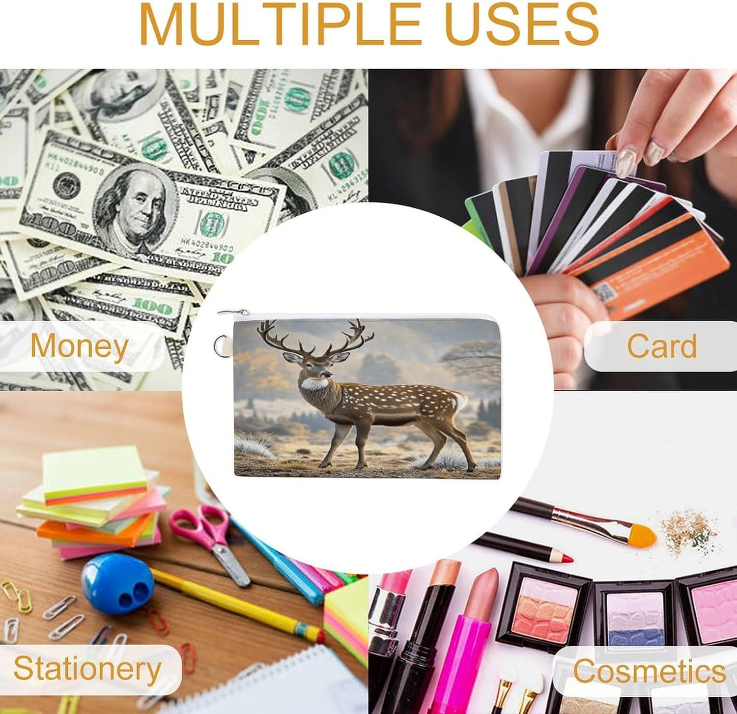 Deer Pattern Coin Purse Portable Canvas Coin Pouch with Zipper Mini Coin Pocket Pouch Change Holder Slim Cash Change Wallet Lightweight Cute Coin Bag for Men Women
