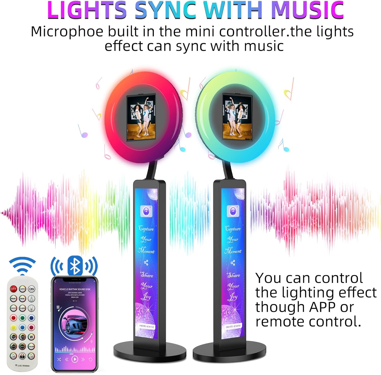 Photo booth lights syncing with music, controlled by app or remote