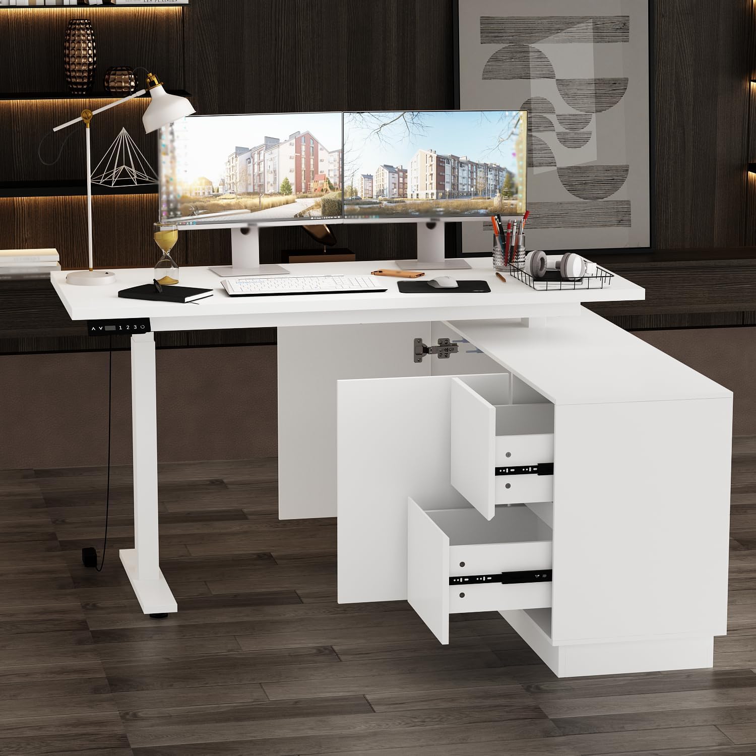 Hitow L Shaped Standing Desk Height Adjustable, 54.3" W Electric Sit Stand Desk with Drawers & Storage Cabinet, Reversible Home Office Table Corner Computer Workstation, White (29.5"-44.5" H)
