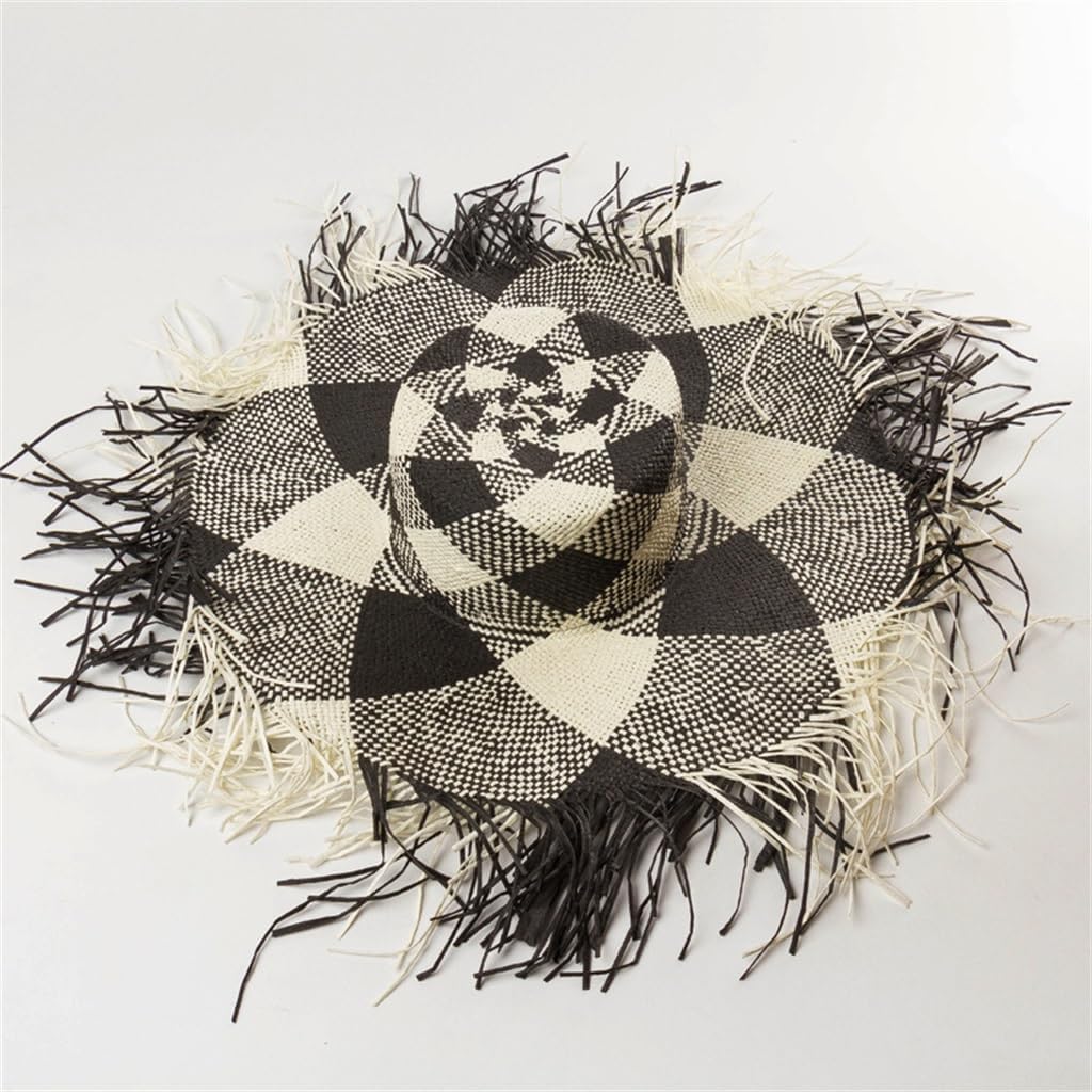 HBJWOV Gray, Black and White Geometric Spelling Color Flat Top Hair Beard Edge Large Eaves Hat Outdoor Sun Hat