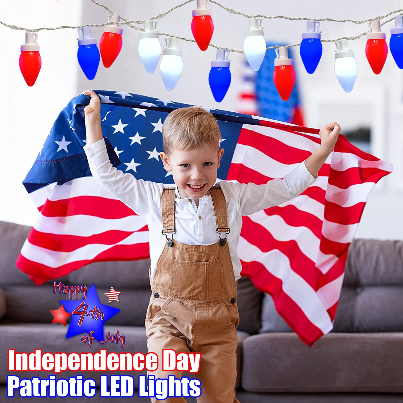25Ft Red White and Blue Lights C7 4th of July Light Outdoor 25 LED