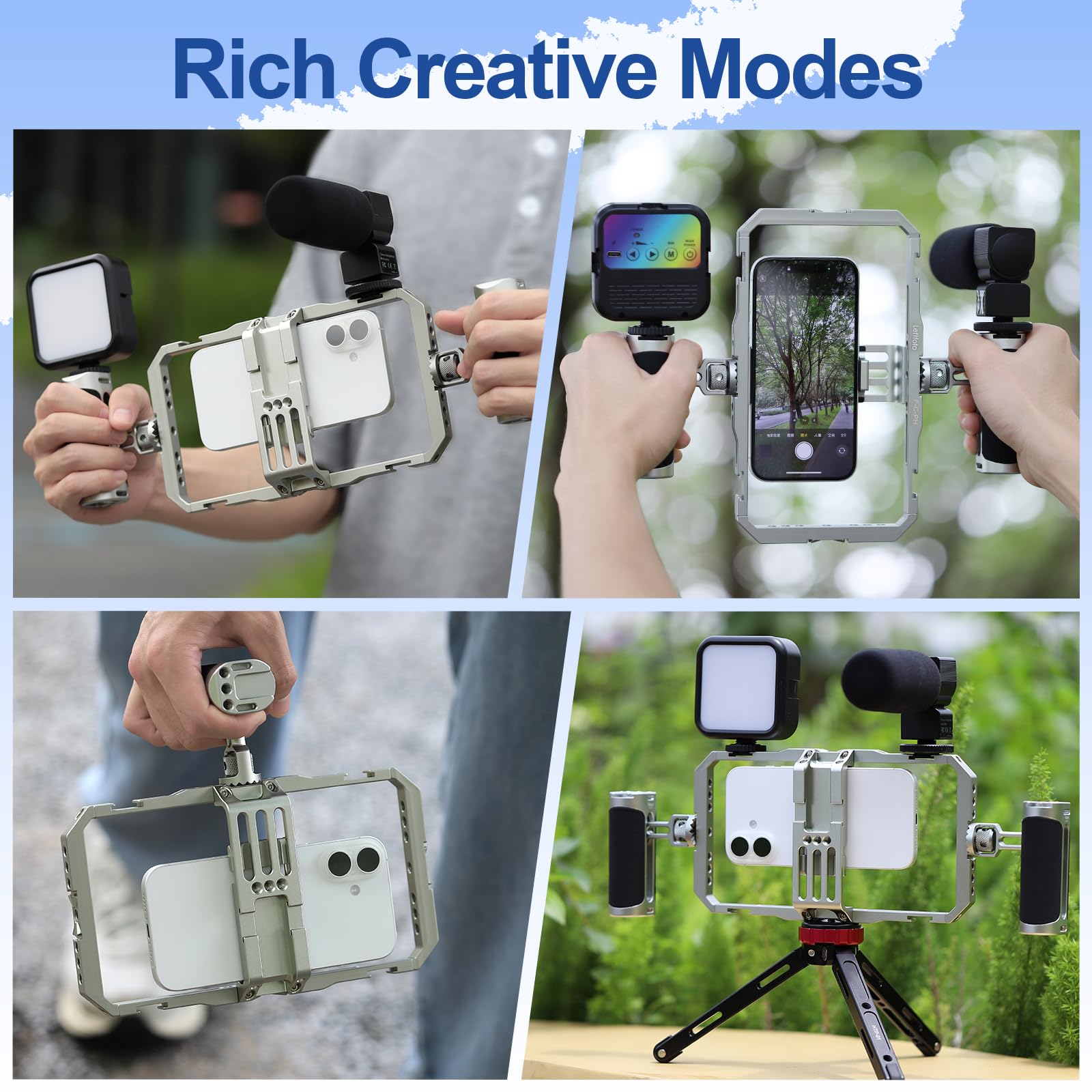 Leftfoto Cage stabilisatrice universelle en aluminium pour smartphone avec deux poignées pour iPhone 16 15 Mini Pro Max 8 Plus pour Samsung pour Huawei Mate, pour vlogging/prise de vue vidéo