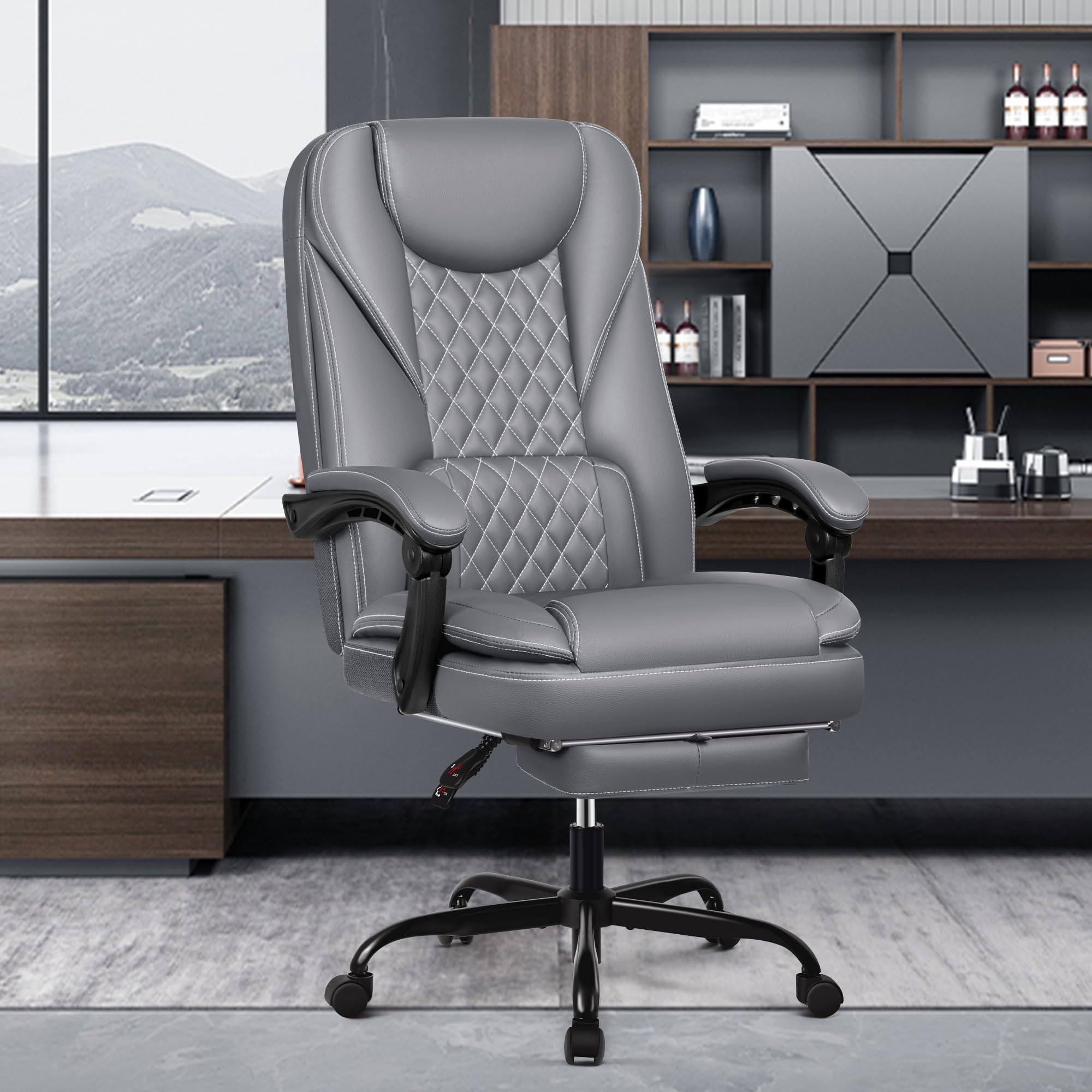 DoChair Sedia Ufficio ergonomica Fino a 140°Sedia Scrivania con Poggiapiedi Poggiatesta Funzione Dondolo in Pelle Artificiale, Grigio