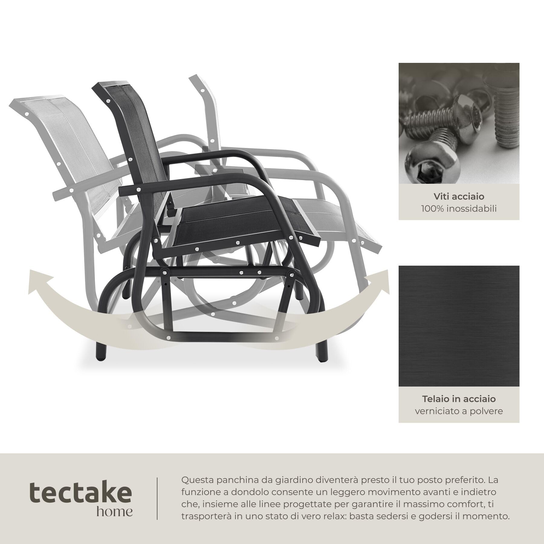 tectake® Panca da Giardino con Meccanismo Basculante, Panchina da Esterno a Dondolo 2 Posti, Telaio in Acciaio Verniciato, Panca con Schienale, 121 x 72 x 86,5 cm - Nero