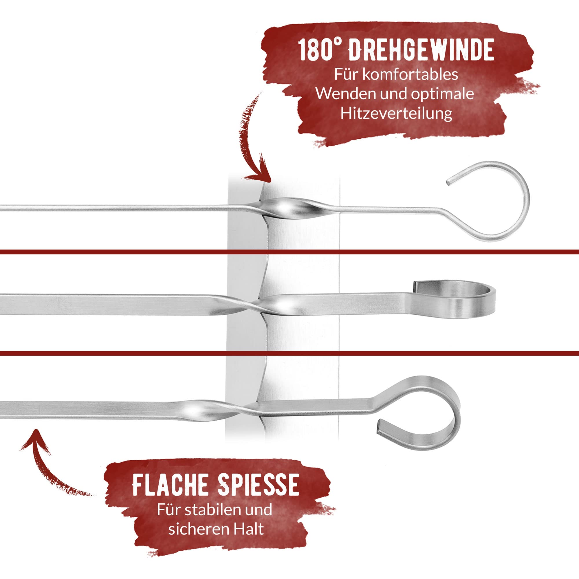 grillart® Spiedini di alta qualità in acciaio inox con struttura – Spiedini per barbecue di alta qualità con rotazione a 360° per una preparazione uniforme (confezione doppia, set shish kebab set)