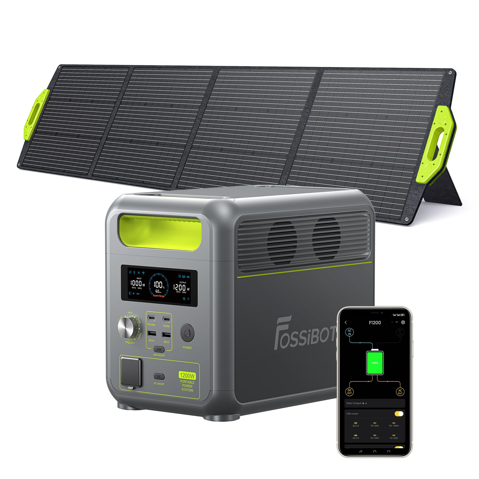 FOSSiBOT Tragbare Powerstation F1200, 1024Wh LiFePO4 Solargenerator mit 2 1200W AC Ausgänge, 100W Typ-C, 45 Min. Schnellladung von 0-80%, für Reise, Camping, Hausgebrauch, mit 200W Solarpanel