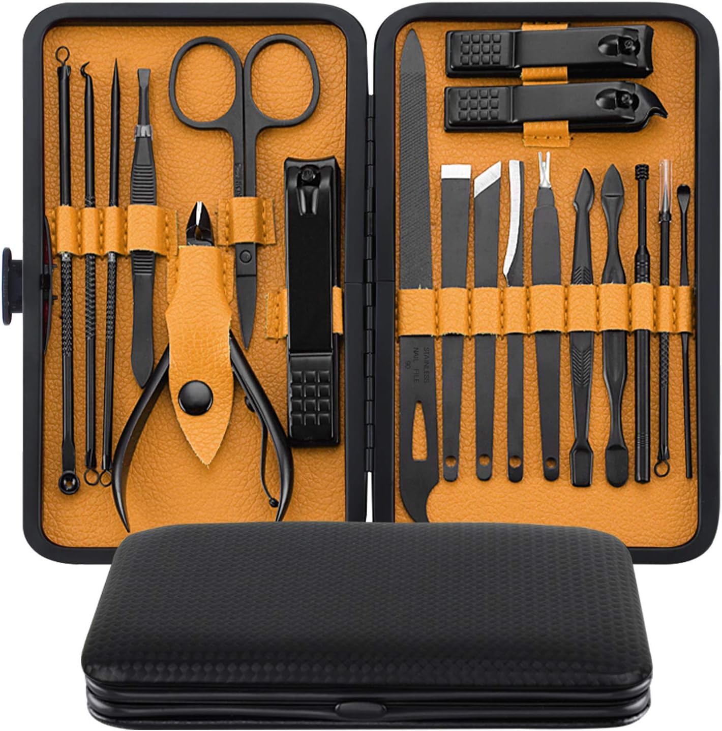 Manicure Set 19 In 1 Stainless Steel Professional Pedicure Kit Nail Grooming Kit Clippers Kit with Black PU Leather Case, Perfect Christmas Gifts for Men and Women (Black/Yellow)